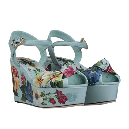 Dolce&Gabbana sandali floreali con zeppa in pelle azzurra con cristalli e fantasia floreale colorata