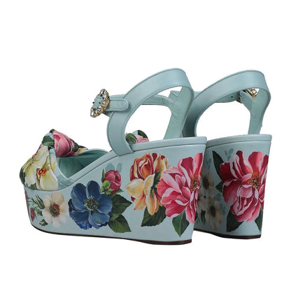 Dolce&Gabbana sandali floreali con zeppa in pelle azzurra con cristalli e fantasia floreale colorata