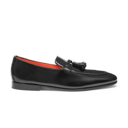Mocassini in pelle nera Made in Italy 750S3N02T100 con dettagli in frange e suola flessibile.