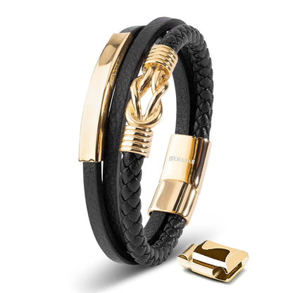 Bracciale argento 925 placcato oro 30M40Z01N40 con dettagli in oro e pelle intrecciata, elegante e moderno.