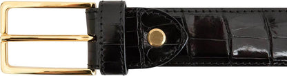 Cintura di pelle di coccodrillo M25Z6N25 con fibbia dorata, artigianato francese di lusso in pelle lucida.