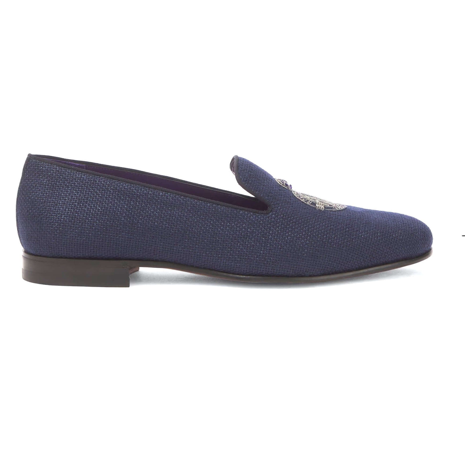 RALPH LAUREN Mocassini Alonzo in Lino Ricamato Blu — Purple Label side view of elegant blue embroidered linen loafers.