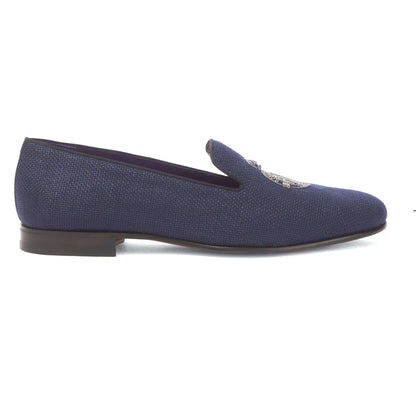 RALPH LAUREN Mocassini Alonzo in Lino Ricamato Blu — Purple Label side view of elegant blue embroidered linen loafers.