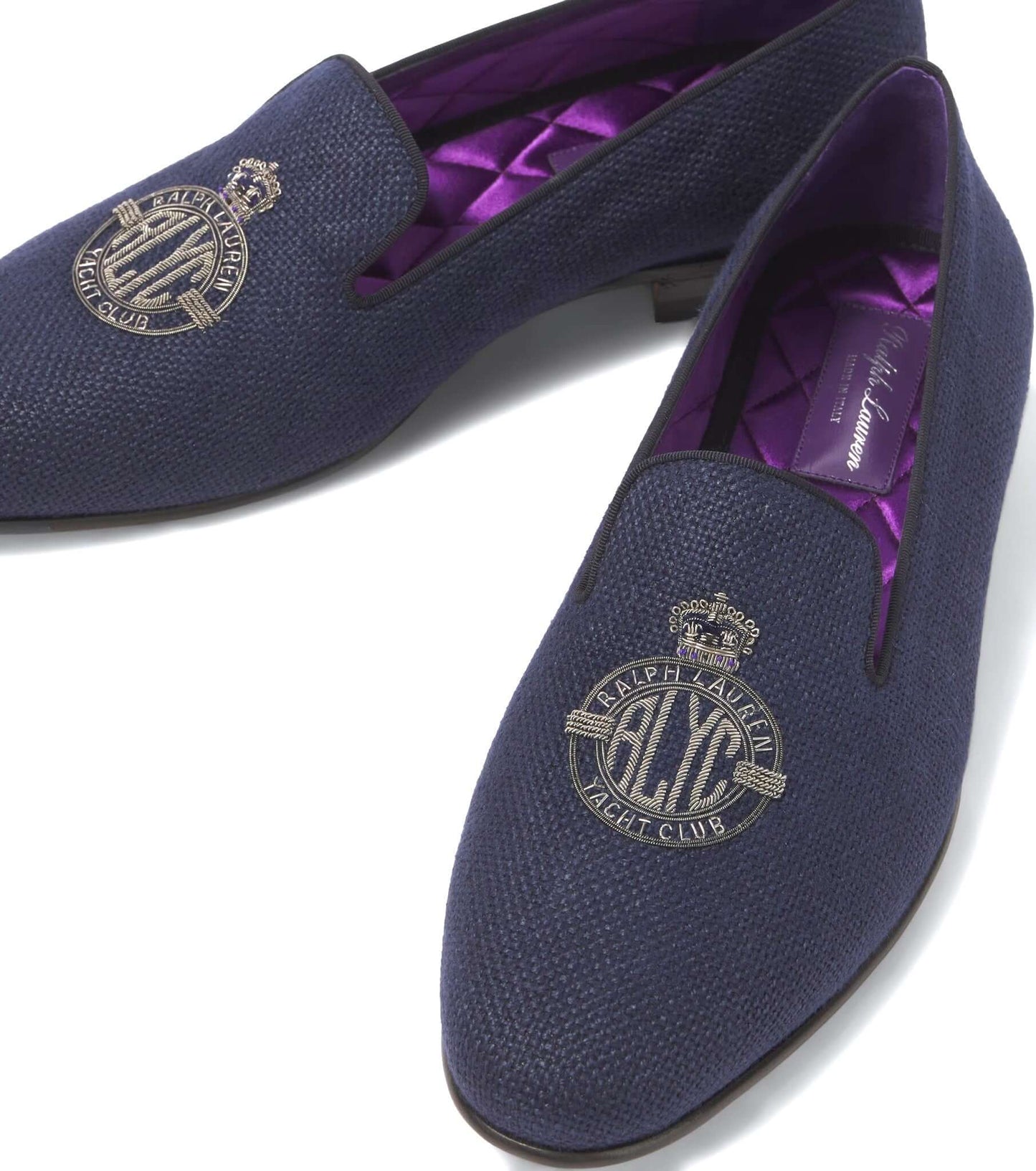 RALPH LAUREN Mocassini Alonzo in Lino Ricamato Blu — Purple Label side view of elegant blue embroidered linen loafers.