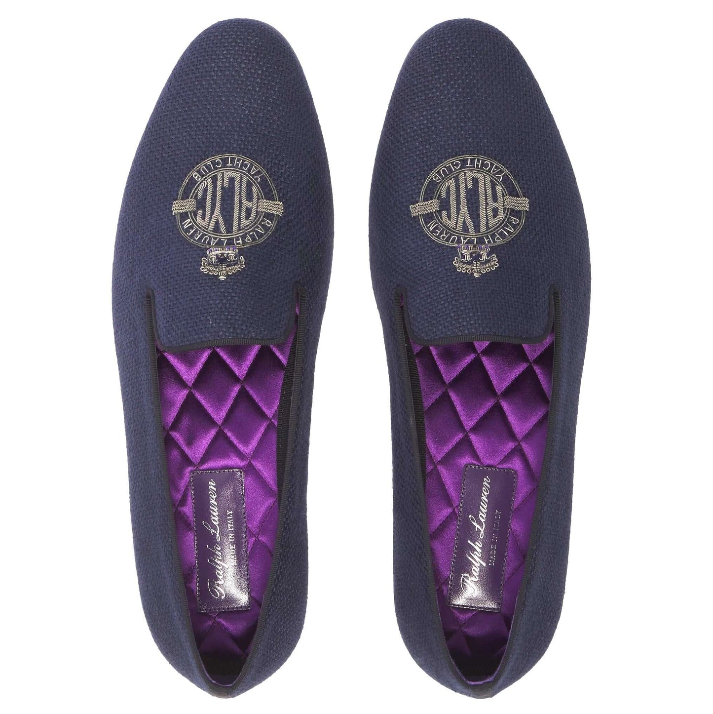 RALPH LAUREN Mocassini Alonzo in Lino Ricamato Blu — Purple Label side view of elegant blue embroidered linen loafers.