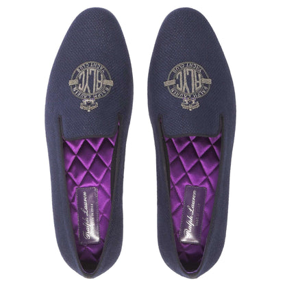 RALPH LAUREN Mocassini Alonzo in Lino Ricamato Blu — Purple Label side view of elegant blue embroidered linen loafers.