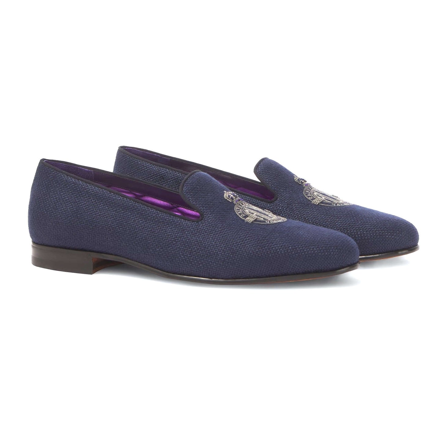 RALPH LAUREN Mocassini Alonzo in Lino Ricamato Blu — Purple Label side view of elegant blue embroidered linen loafers.