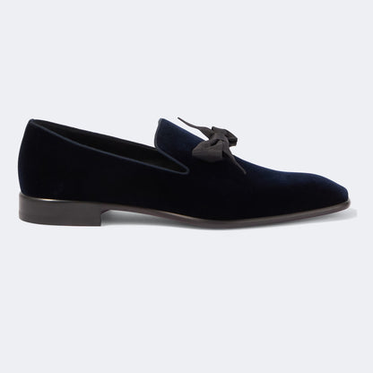 CHRISTIAN LOUBOUTIN Mocassini in Velluto Blu con Fiocco in Taffetà