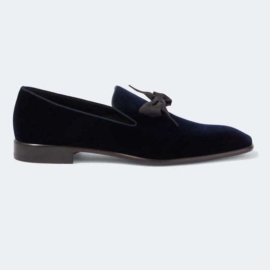 CHRISTIAN LOUBOUTIN Mocassini in Velluto Blu con Fiocco in Taffetà
