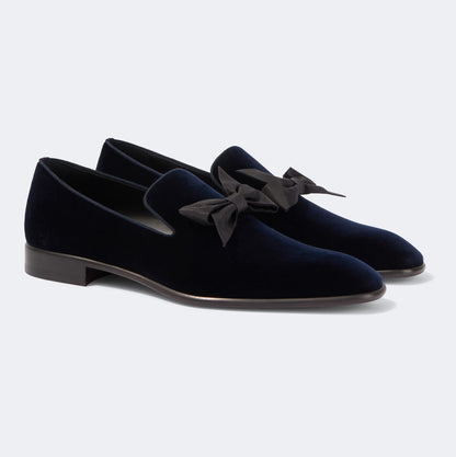 CHRISTIAN LOUBOUTIN Mocassini in Velluto Blu con Fiocco in Taffetà