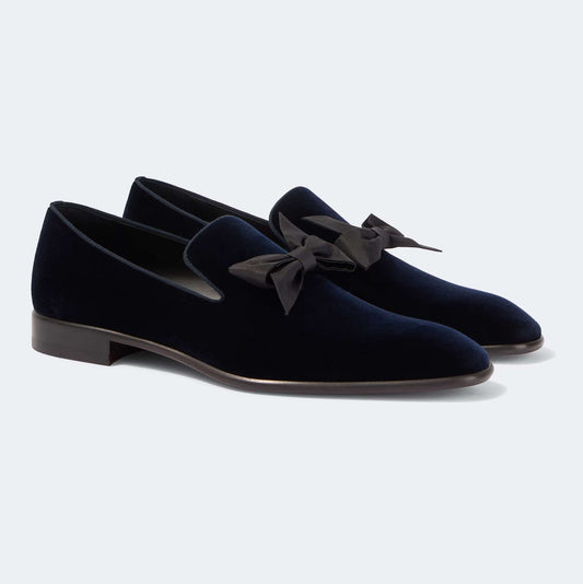 CHRISTIAN LOUBOUTIN Mocassini in Velluto Blu con Fiocco in Taffetà