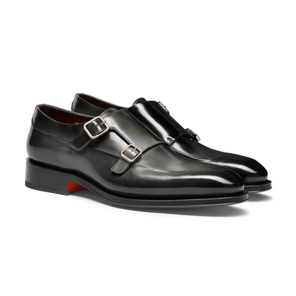 fibbie da uomo pelle verde 990S7N01T100 Verde, scarpa elegante in pelle con doppia fibbia, color verde e marrone.