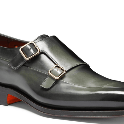 fibbie da uomo pelle verde 990S7N01T100 Verde, scarpa elegante in pelle con doppia fibbia, color verde e ma