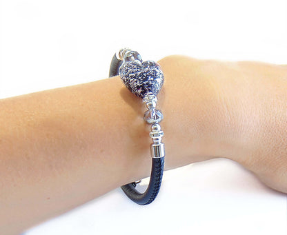 Bracciale con Cuore in Vetro di Murano Originale e vera pelle Toscana