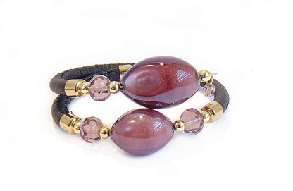 Bracciale pelle perla vetro di Murano 80V40N06Z200 con perle in vetro di Murano e vera pelle toscana.
