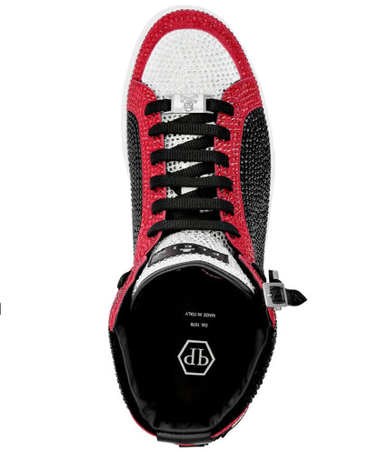 sneakers hi-top pelle scamosciata cristalli 100Y52X23X1800 con applicazioni di cristalli colorati e suola antiscivolo.