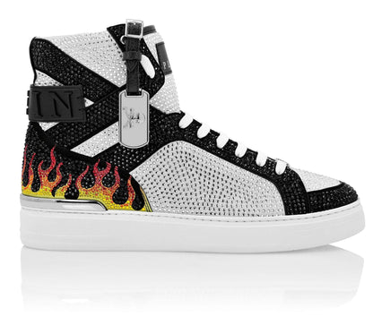 Sneakers hi-top con cristalli 100Y52X23X1800 in bianco e nero con dettagli in cristallo e suola antiscivolo