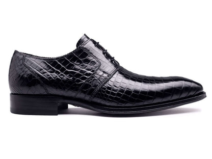 Scarpe derby coccodrillo di lusso FNS-STR1CROCO in pelle lucida nera, raffinatezza artigianale italiana.