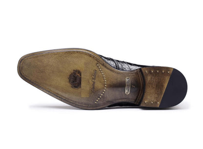 Scarpe derby coccodrillo di lusso FNS-STR1CROCO in pelle lucida nera, raffinatezza artigianale italiana.